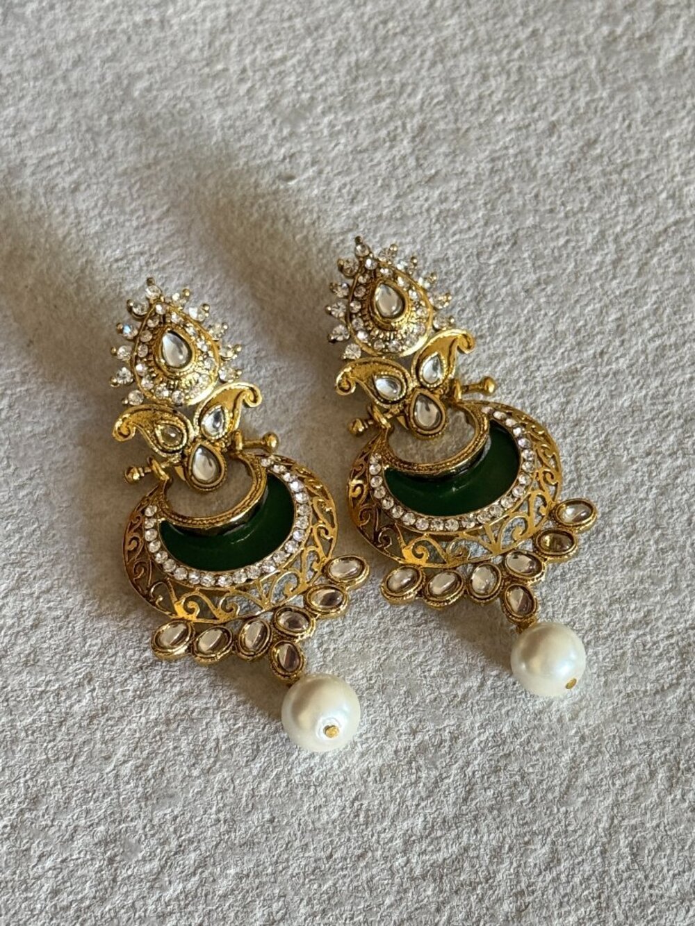 Gold Green Pearl Crescent Dangle Earrings